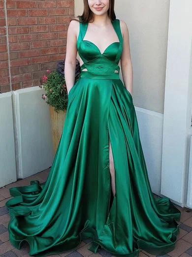 A-line V-neck Satin Sweep Train Prom Dresses With Pockets #Milly020115153
