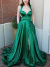 A-line V-neck Satin Sweep Train Prom Dresses With Pockets #Milly020115153