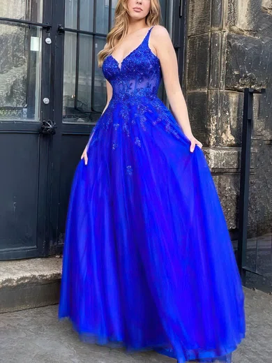 A-line V-neck Tulle Glitter Floor-length Prom Dresses With Beading #Milly020115154