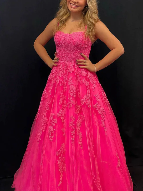 A-line Scoop Neck Tulle Sweep Train Prom Dresses With Appliques Lace #Milly020115155