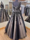 Ball Gown V-neck Tulle Sweep Train Prom Dresses With Beading #Milly020115156