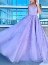 A-line Scoop Neck Tulle Sweep Train Prom Dresses With Appliques Lace #Milly020115157