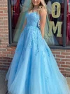 Ball Gown V-neck Tulle Sweep Train Prom Dresses With Appliques Lace #Milly020115160