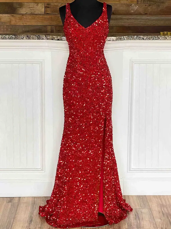 Sheath/Column V-neck Sequined Sweep Train Prom Dresses With Split Front #Milly020115165