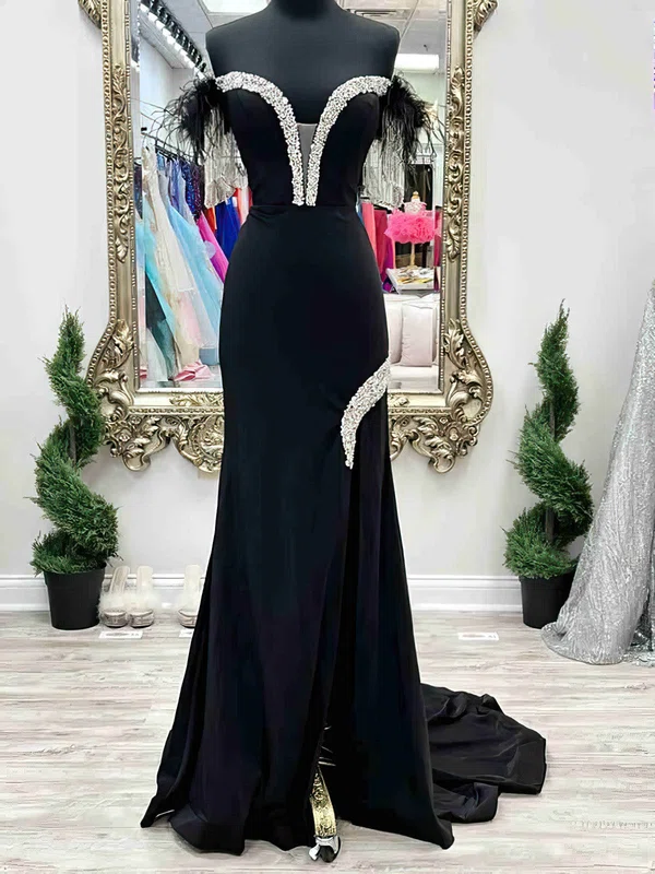 Sheath/Column Off-the-shoulder Jersey Sweep Train Prom Dresses With Feathers / Fur #Milly020115170