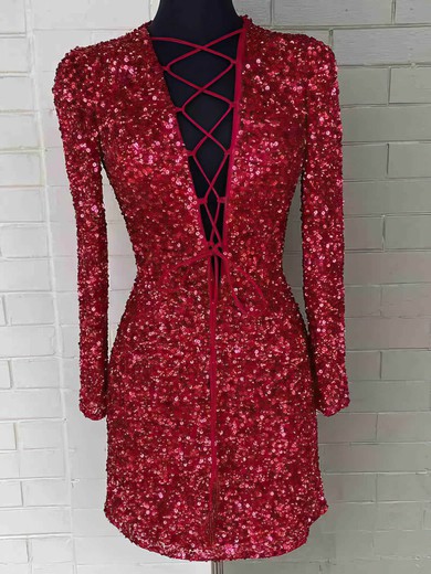 Deep V Neck Sequin Long Sleeve Mini Dress #Milly020115186