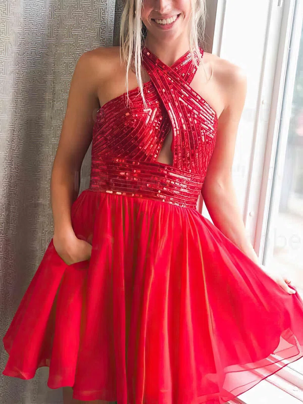 A-line V-neck Tulle Sequined Short/Mini Prom Dresses With Pockets #Milly020115215
