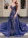 Sheath/Column V-neck Lace Silk-like Satin Detachable Prom Dresses With Sashes / Ribbons #Milly020115229