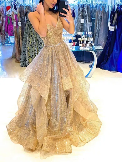 Ball Gown V-neck Floor-length Glitter Prom Dresses With Ruffle #Milly020115232