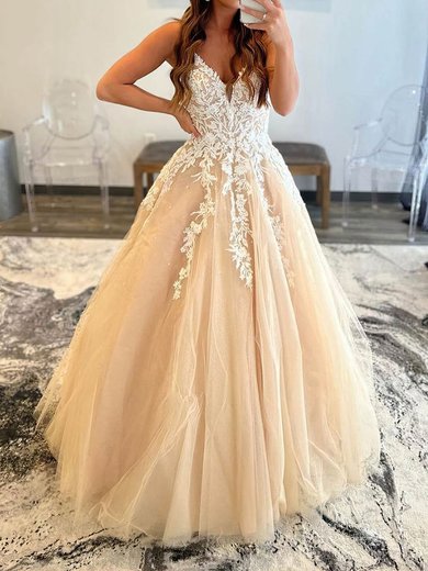 Princess V-neck Ruched Tulle Prom Dresses With Appliques #Milly020115233