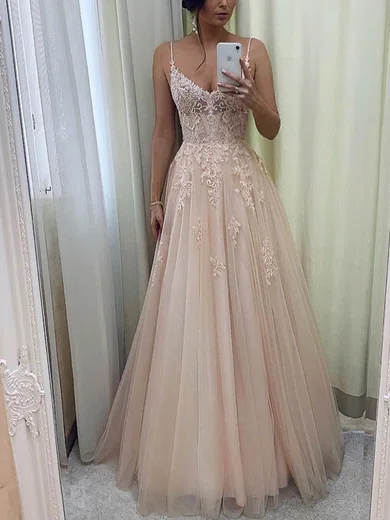 A-line V-neck Tulle Floor-length Prom Dresses With Appliques Lace #Milly020115237