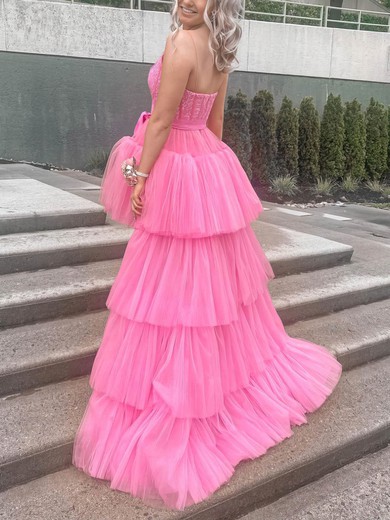 A-line V-neck Tulle Asymmetrical Prom Dresses With Tiered #Milly020115243