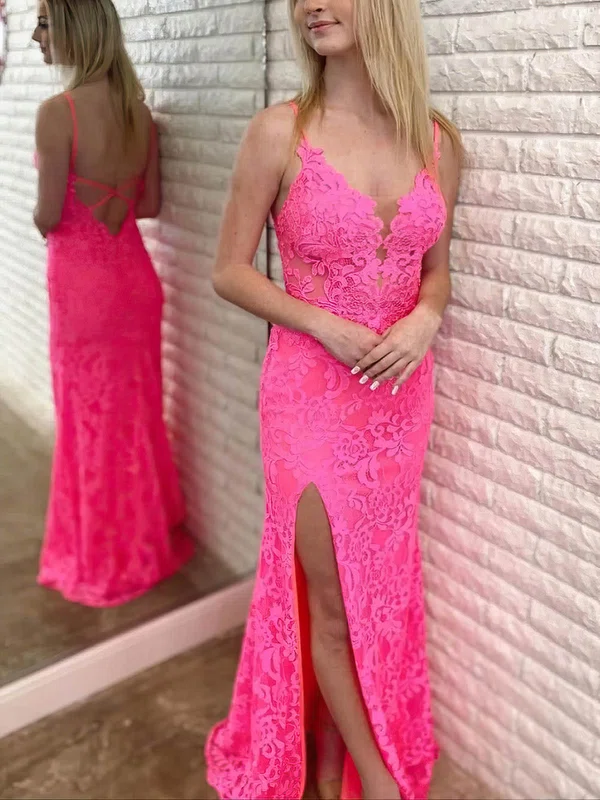 Sheath/Column V-neck Lace Sweep Train Prom Dresses With Split Front #Milly020115244