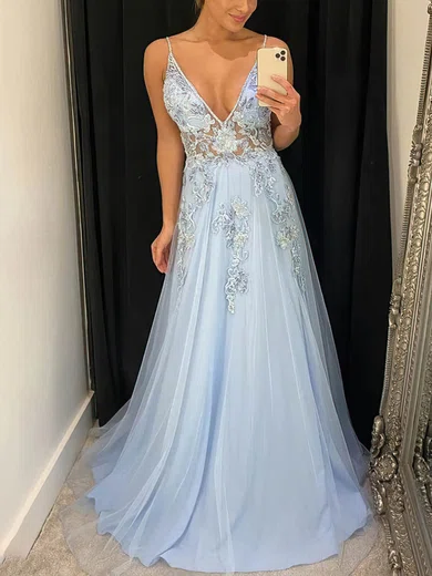 A-line Sweep Train V-neck Tulle Appliques Lace Prom Dresses #Milly020115254