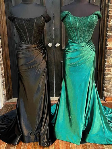 Trumpet/Mermaid Off-the-shoulder Silk-like Satin Sweep Train Appliques Lace Prom Dresses #Milly020115276