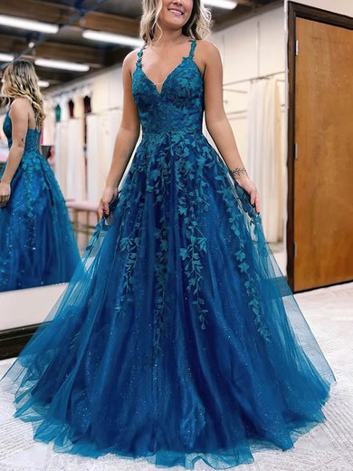 Ball Gown/Princess Floor-length V-neck Tulle Glitter Appliques Lace Prom Dresses #Milly020115278