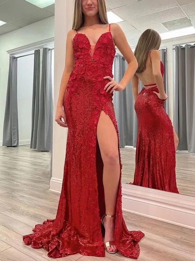 Sheath/Column V-neck Sequined Sweep Train Prom Dresses With Appliques Lace #Milly020115292