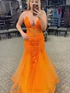 Trumpet/Mermaid V-neck Tulle Sweep Train Prom Dresses With Appliques Lace #Milly020115294