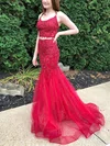Trumpet/Mermaid V-neck Tulle Glitter Sweep Train Prom Dresses With Appliques Lace #Milly020115321
