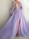 Ball Gown/Princess Sweep Train V-neck Tulle Long Sleeves Split Front Prom Dresses #Milly020115323