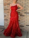 Trumpet/Mermaid One Shoulder Tulle Floor-length Prom Dresses With Beading #Milly020115329