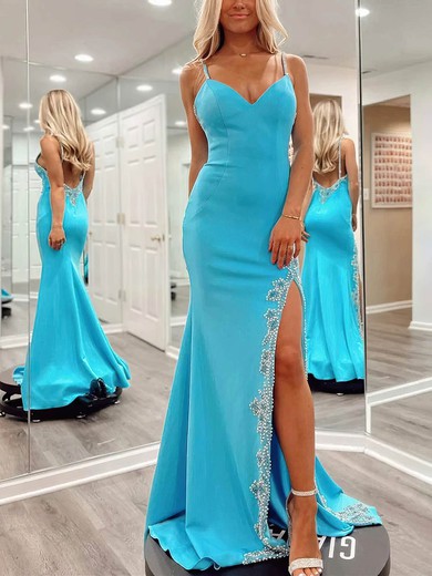 Sheath/Column V-neck Stretch Crepe Sweep Train Prom Dresses With Beading #Milly020115337