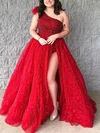 Ball Gown/Princess One Shoulder Tulle Glitter Sweep Train Prom Dresses With Feathers / Fur #Milly020115339