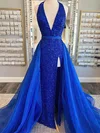 Sheath/Column V-neck Tulle Sequined Detachable Prom Dresses With Split Front #Milly020115345