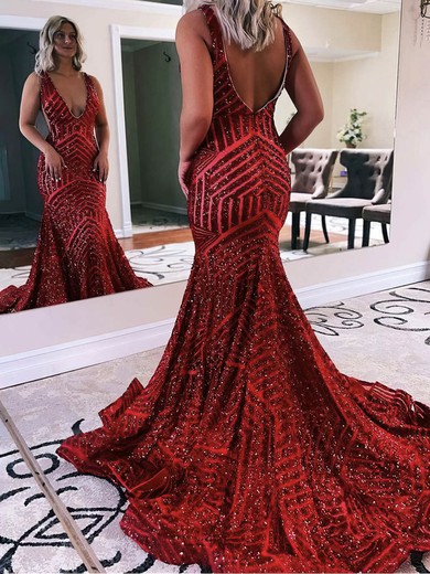Trumpet/Mermaid V-neck Sequined Sweep Train Prom Dresses S020115348