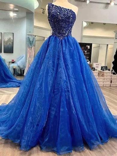 Ball Gown One Shoulder Tulle Modest Prom Dresses With Beading #Milly020115355