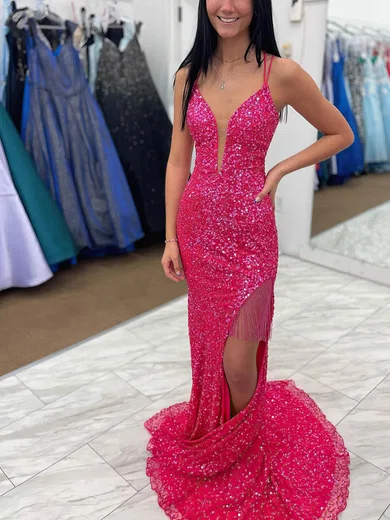 Sheath/Column V-neck Sequined Sweep Train Prom Dresses With Split Front #Milly020115365