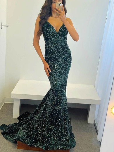 Trumpet/Mermaid V-neck Sequined Sweep Train Prom Dresses #Milly020115369