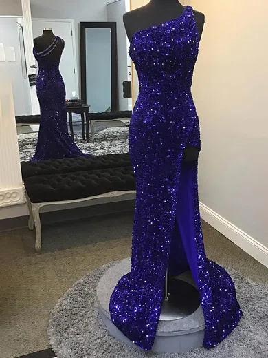 Mermaid One Shoulder Sparkly Sequin Prom Dresses With Split #Milly020115373