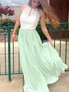 A-line Scoop Neck Lace Chiffon Floor-length Prom Dresses With Sashes / Ribbons #Milly020115375