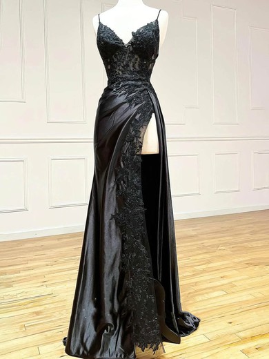 Sheath/Column V-neck Silk-like Satin Sweep Train Prom Dresses With Split Front S020115390