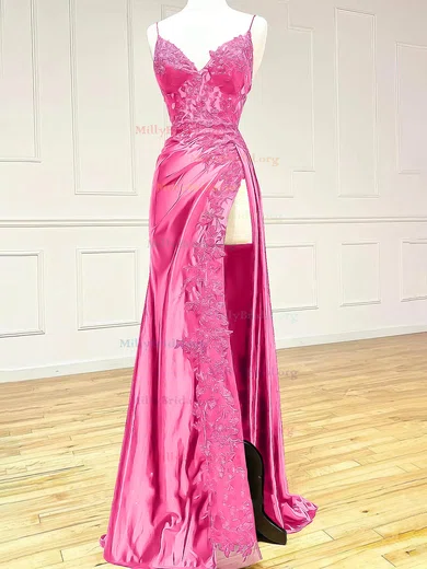 Sheath Column Satin Strapless Pink Prom Dress With Slit Sheath Column Satin Strapless Pink Prom Dress With Slit