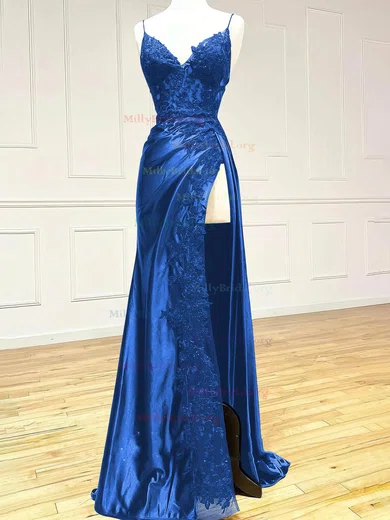 Sheath Column Royal Blue V Neck Satin Prom Dress With Slit