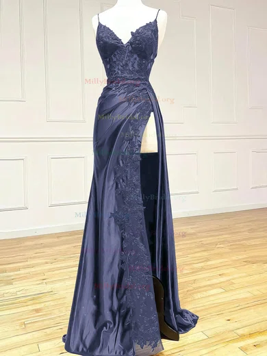 Sheath Column Satin Strapless Simple Navy Blue Prom Dress
