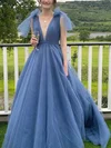 Ball Gown V-neck Tulle Sweep Train Prom Dresses With Bow #Milly020115391
