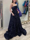 Ball Gown Strapless Sequined Sweep Train Prom Dresses With Pockets #Milly020115392