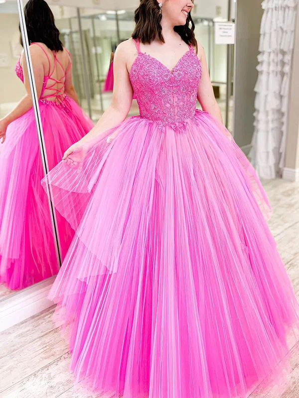 Ball Gown/Princess Floor-length V-neck Tulle Appliques Lace Prom Dresses #Milly020115396