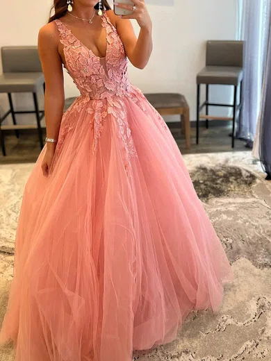 Pink Tulle V Neck Backless Flower Prom Dress