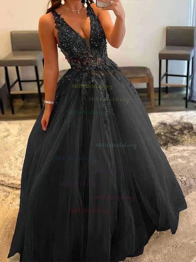 Rhinestones Gray Tulle V Neck Backless Prom Dress