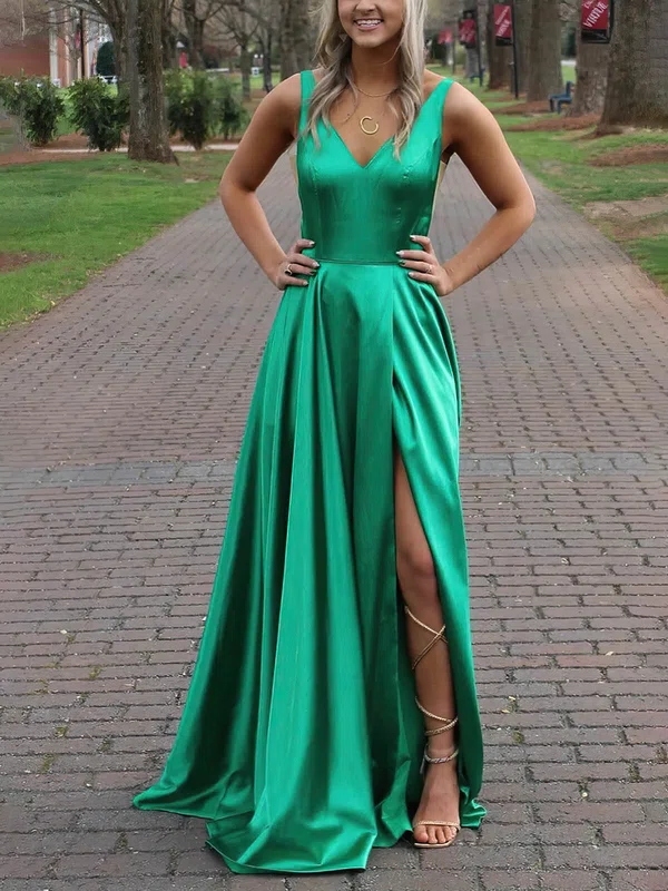 A-line V-neck Silk-like Satin Sweep Train Prom Dresses With Split Front #Milly020115408