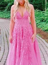 A-line V-neck Tulle Floor-length Prom Dresses With Appliques Lace #Milly020115409