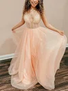 A-line V-neck Tulle Glitter Sweep Train Prom Dresses With Appliques Lace #Milly020115412