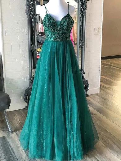 Ball Gown V-neck Floor-length Tulle Prom Dresses With Beading #Milly020115430