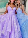 Princess V-neck Glitter Sweep Train Prom Dresses With Cascading Ruffles #Milly020115437