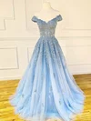Princess Off-the-shoulder Tulle Sweep Train Prom Dresses With Appliques Lace #Milly020115440