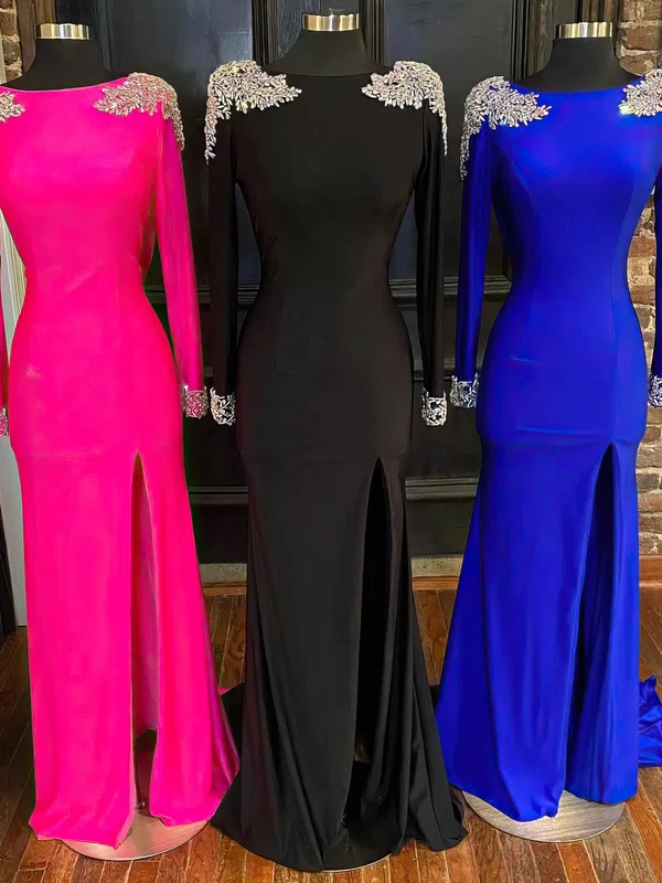 Sheath/Column Scoop Neck Jersey Sweep Train Prom Dresses With Split Front #Milly020115441
